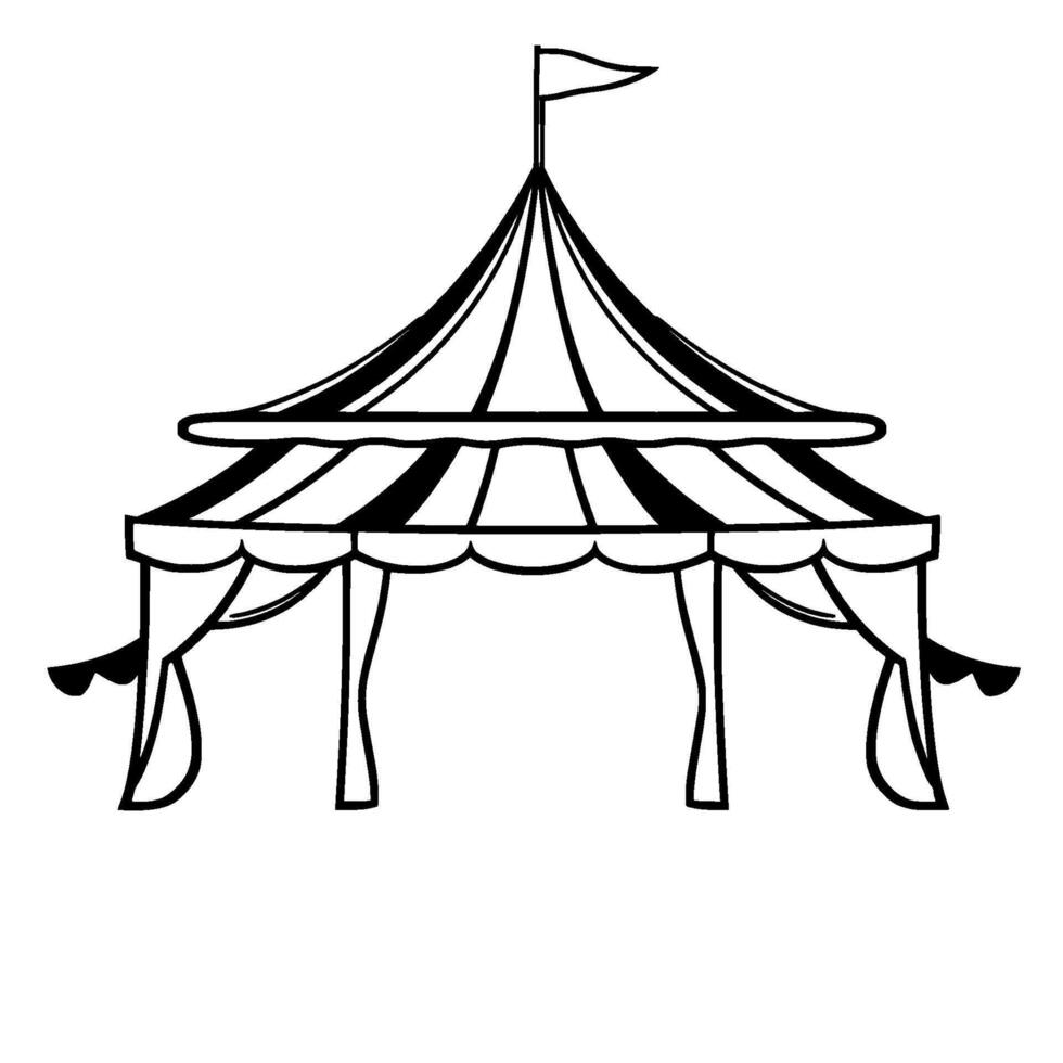stylized black and white line art of a classic circus tent with flag, showcasing vintage aesthetic. vector
