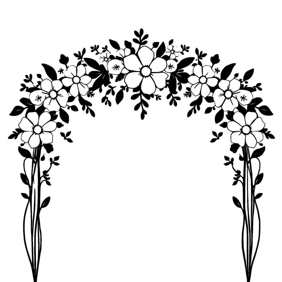 elegant, black and white floral arch illustration featuring stylized flowers and leafy vines, perfect for invitations and . vector