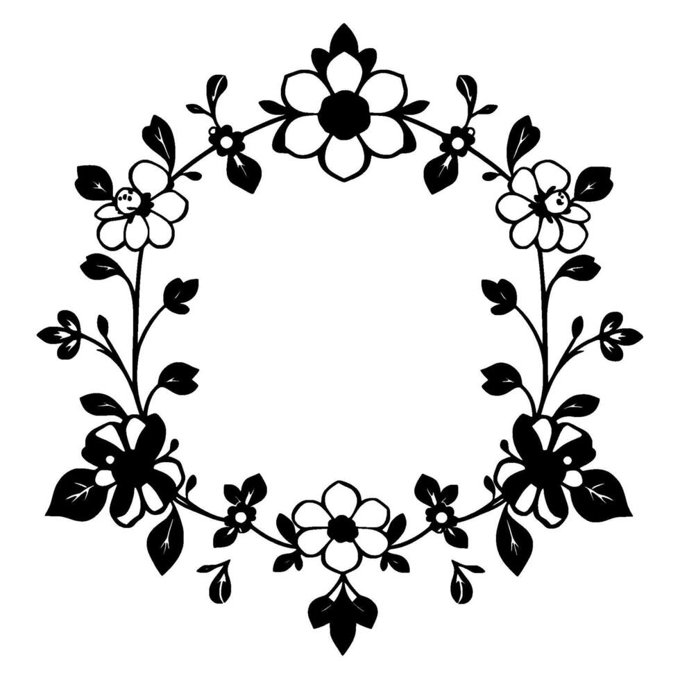 elegant circular black and white floral wreath with various bloom designs, leaves, and stems on a white background. vector