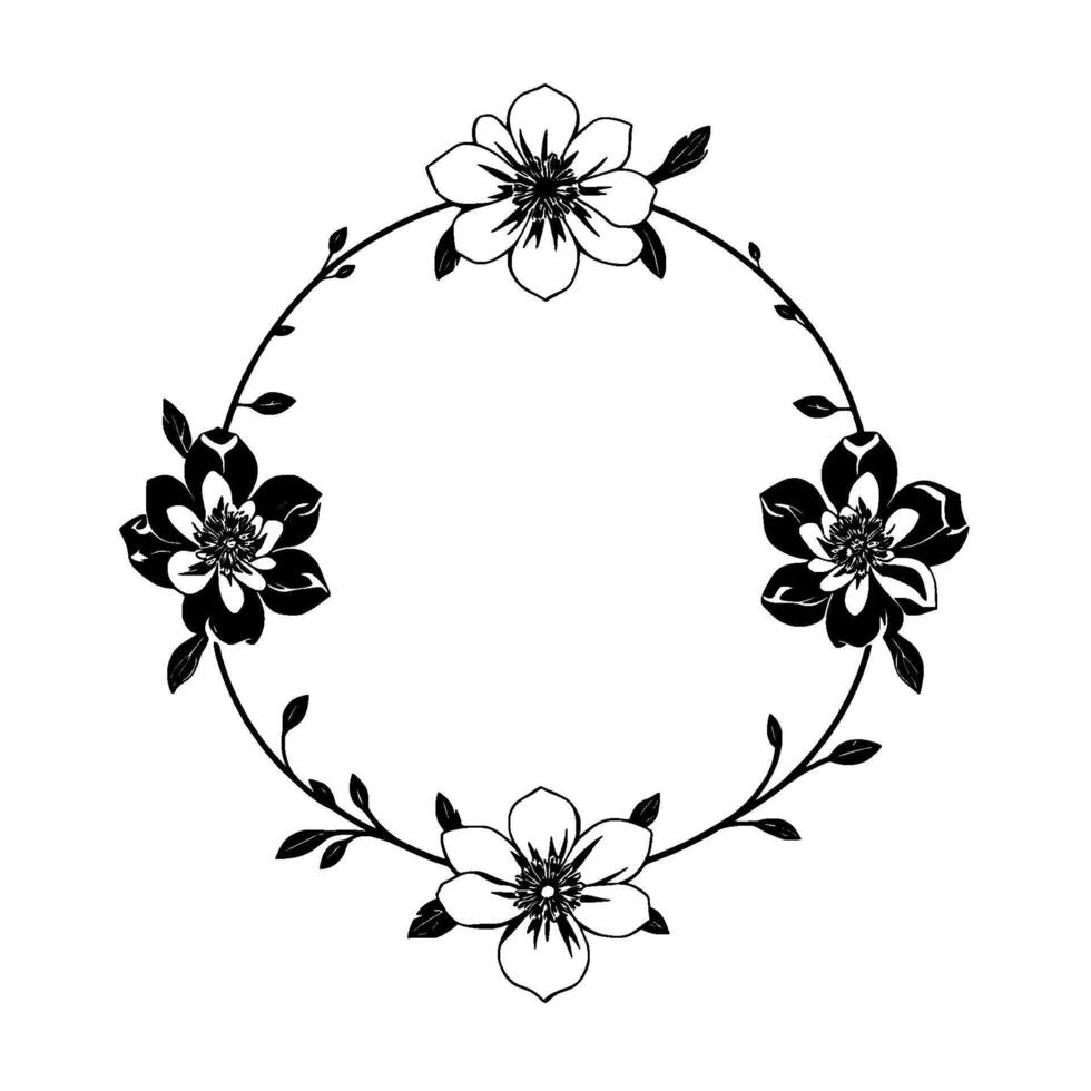 elegant black and white floral wreath a symmetrical, circular composition featuring four stylized flowers with delicate petals and central details, framed by curved branches and leaves. vector
