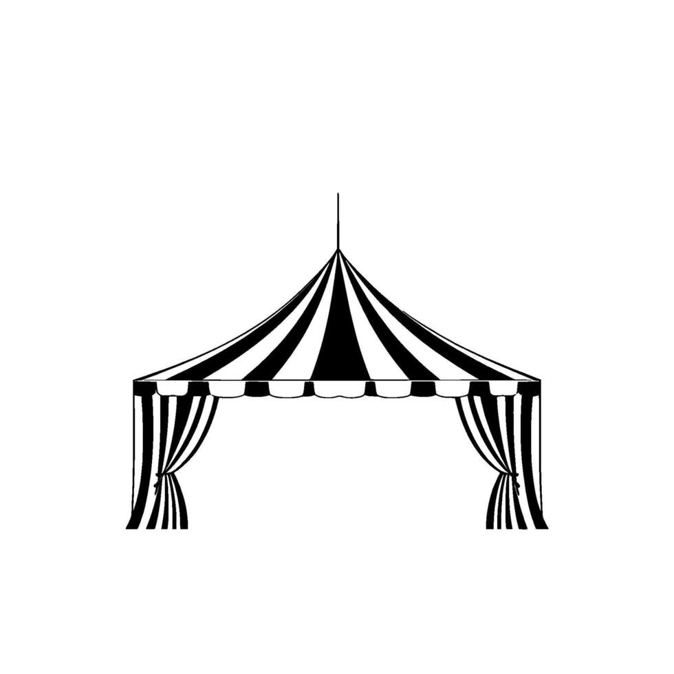 monochrome illustration of a classic striped circus tent with open curtains and central mast, set against a blank white background. vector