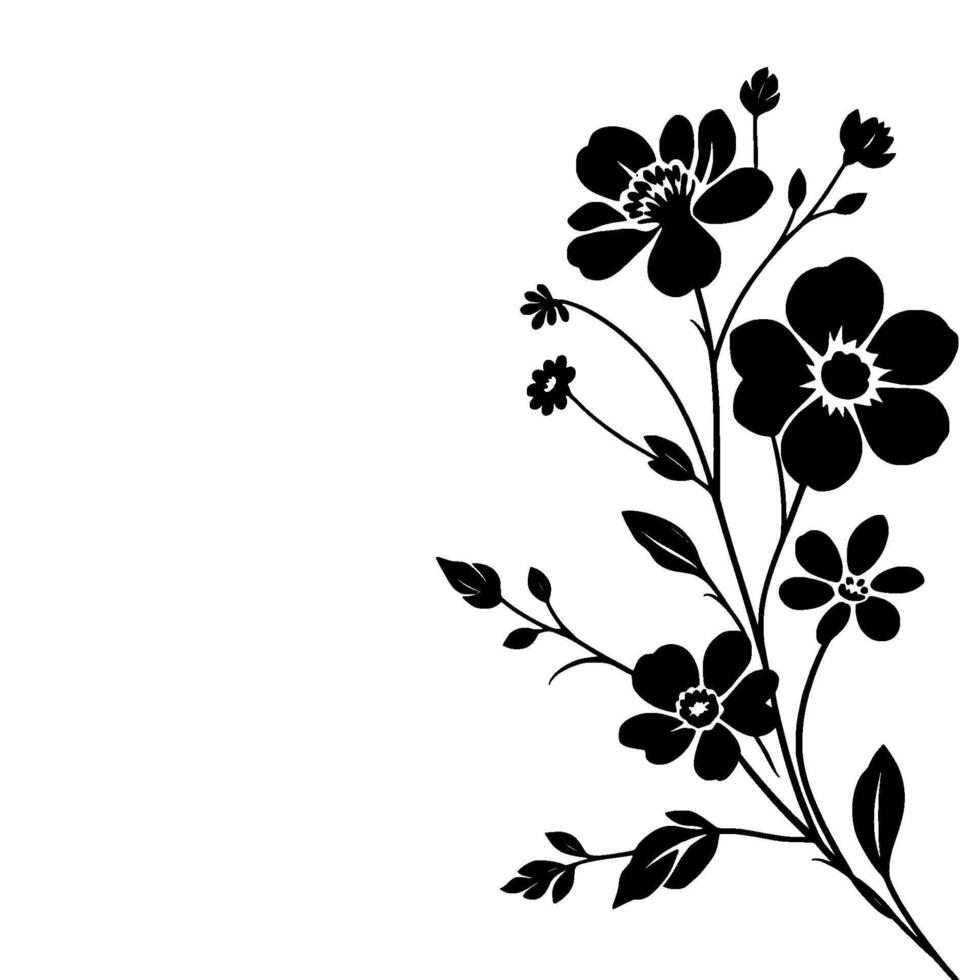 elegant black floral silhouette detailed botanical illustration of a flowering branch with leaves, blossoms, and buds, set against a stark white background. vector