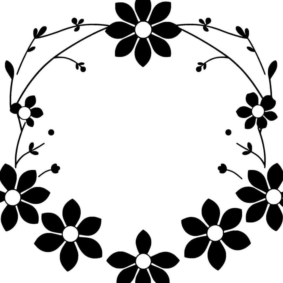 simple black and white floral wreath, minimalist with daisies, branches, and leaves in circular arrangement. vector