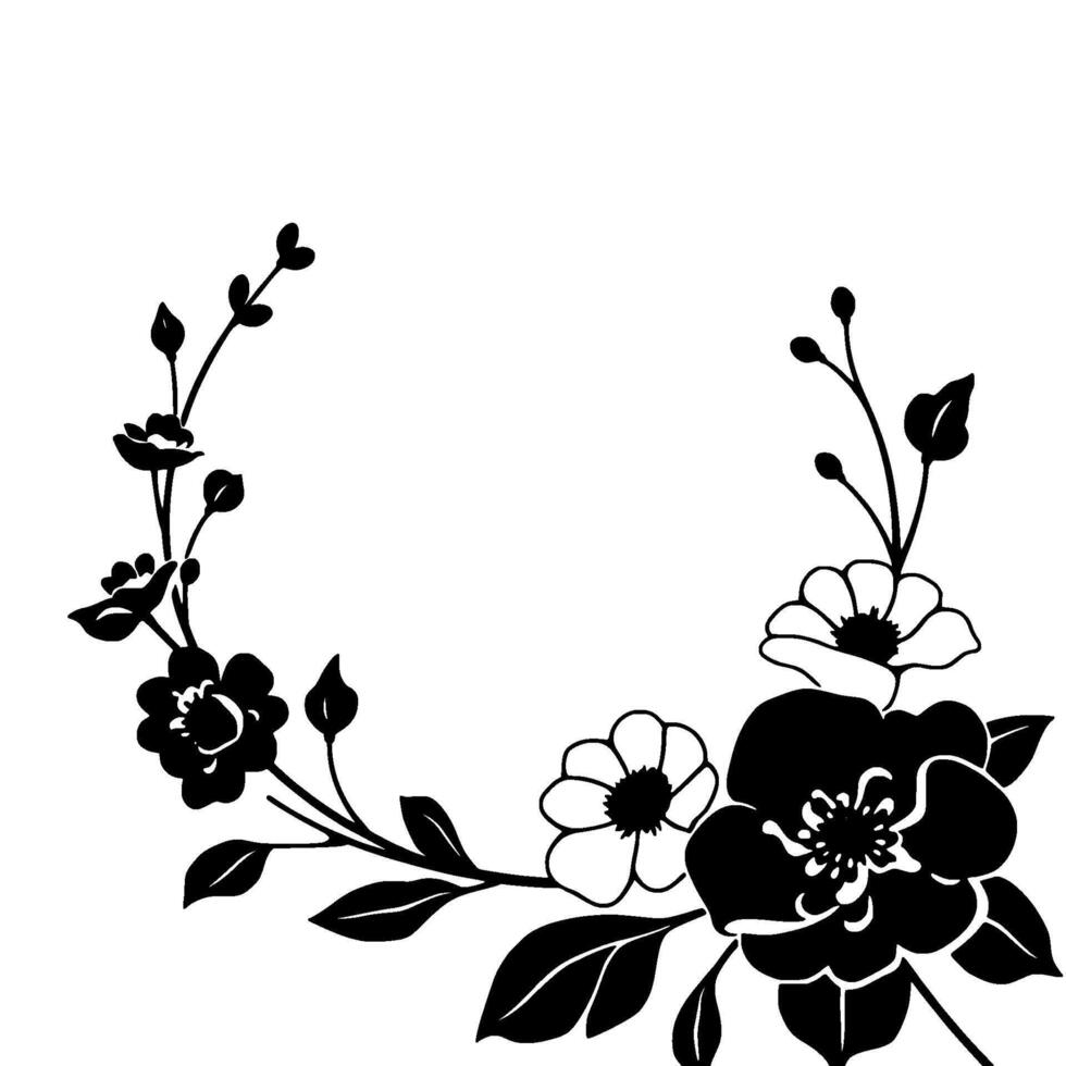 elegant black and white floral wreath artistic arrangement of flowers, leaves, and buds in a minimalist on a clean white background. vector