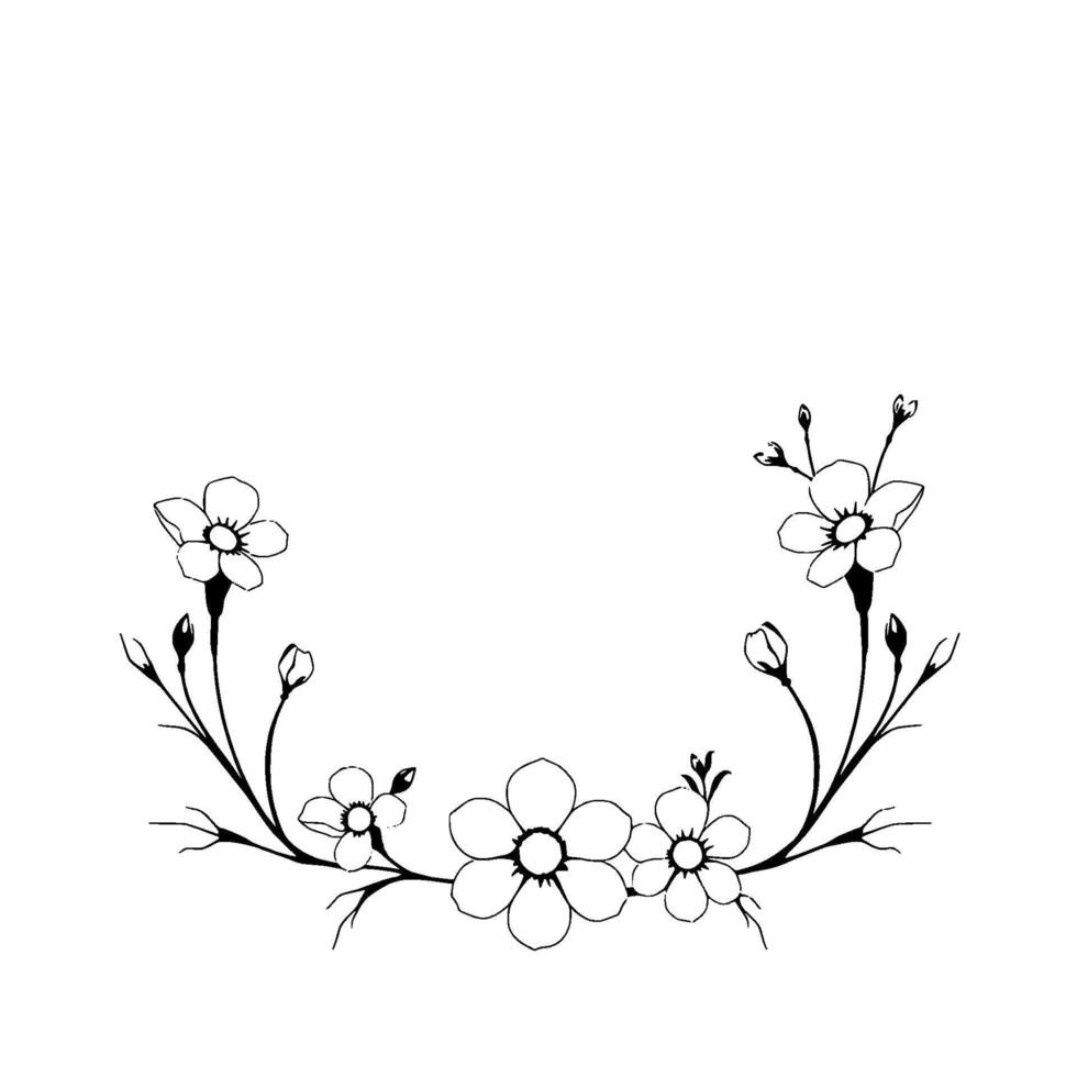 a delicate black and white floral wreath, featuring simplified line art flowers and buds, set against a clean white backdrop. vector