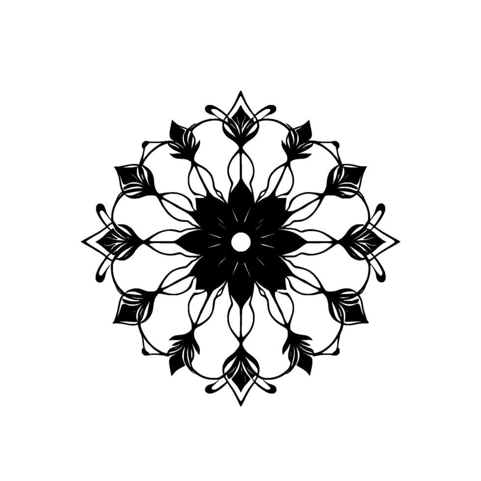 a symmetrical black and white mandala featuring a central flower shape with intricate, flowing petallike elements and a white background. vector