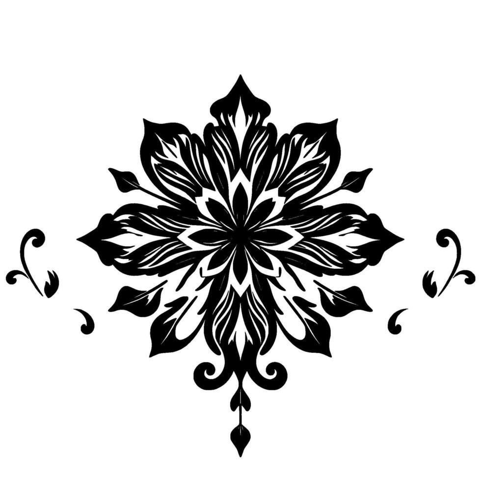 symmetrical black and white floral with intricate petal detail, symmetrical accent elements, centered on a bright white background. vector