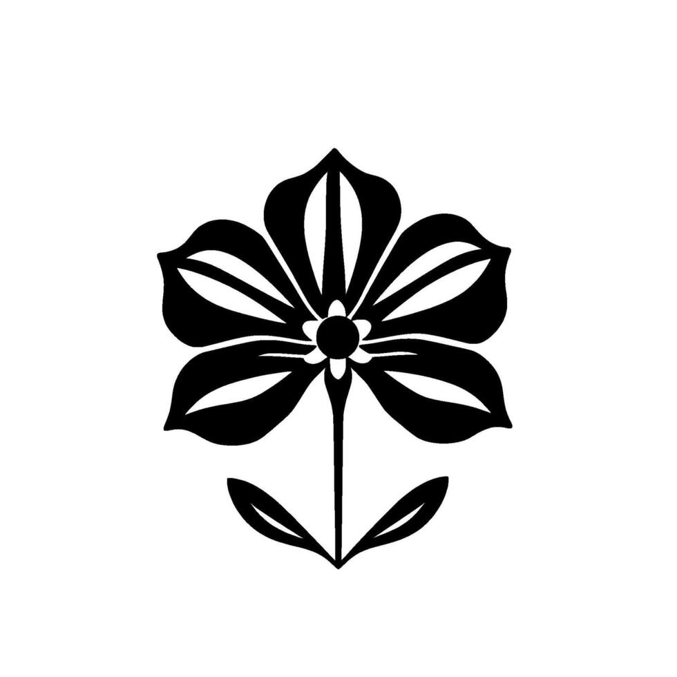 stylized black and white flower with petals, leaves, and stem on white background element. vector