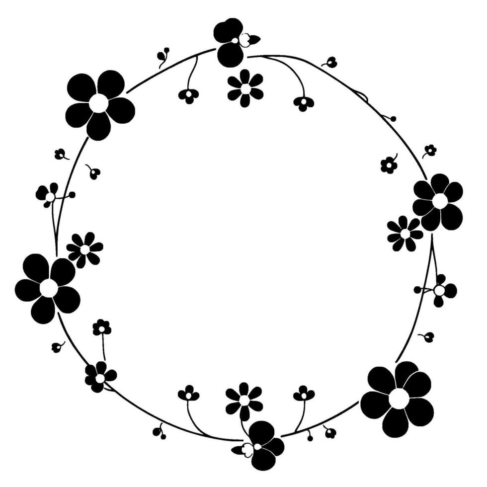 a minimalist, black and white floral wreath , featuring stylized flowers and delicate stems creating a circular frame on white background. vector