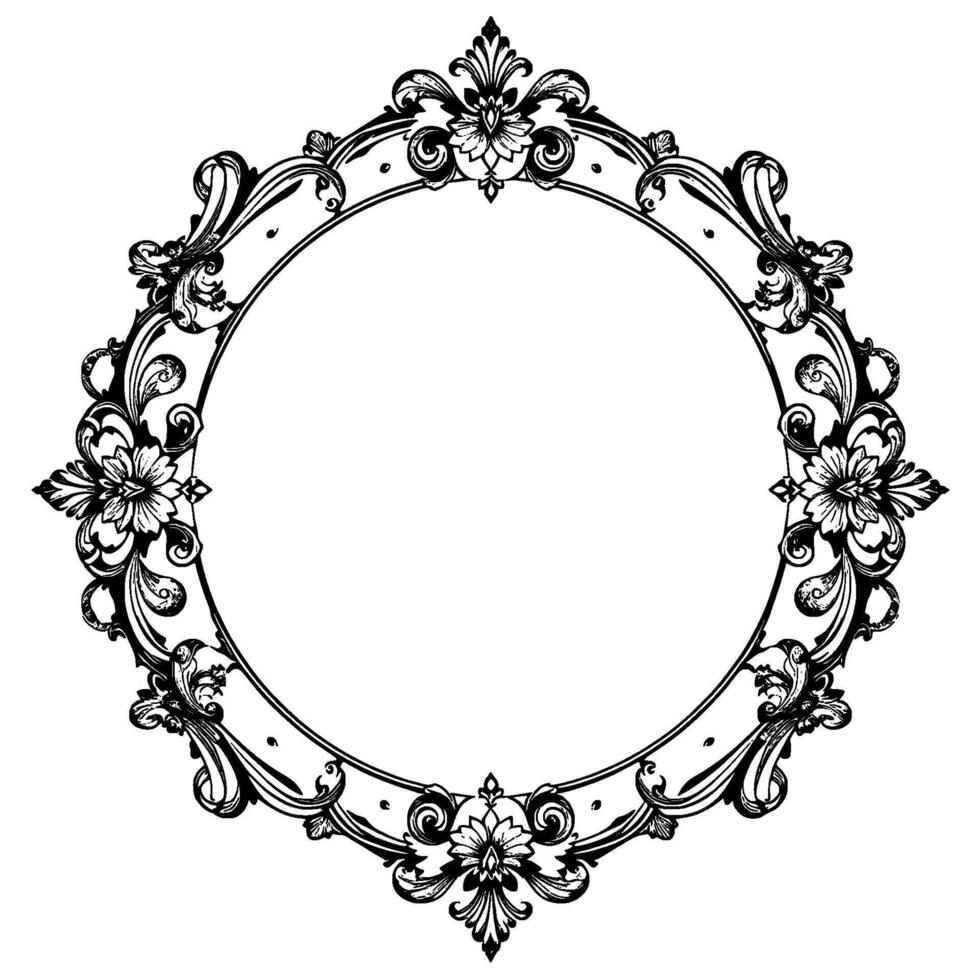 intricate black and white ornamental circular frame with floral motifs and baroque scrollwork, isolated on white. vector