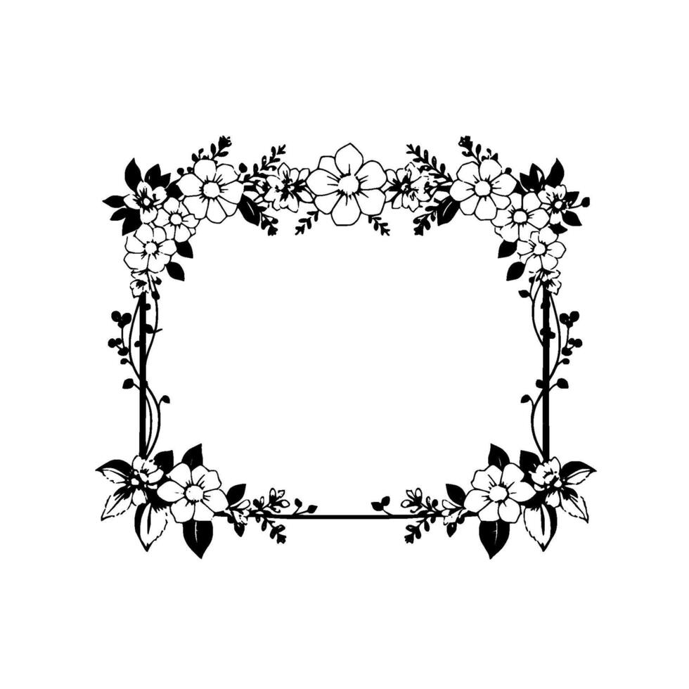 intricate black and white floral frame illustration, symmetrical, elegant, composed of flowers, leaves and branches, with blank center for text. vector
