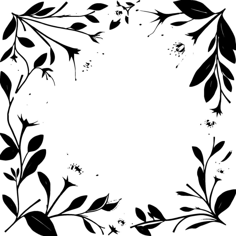 elegant black and white floral border illustration of blooming flowers, leaves, and vinelike stems forming a decorative frame. vector