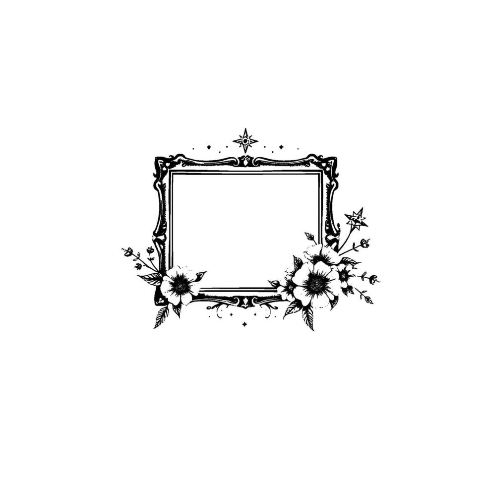 intricate black and white floral frame , adorned with flowers and starbursts on a clean white backdrop, perfect for elegant announcements or invitations. vector