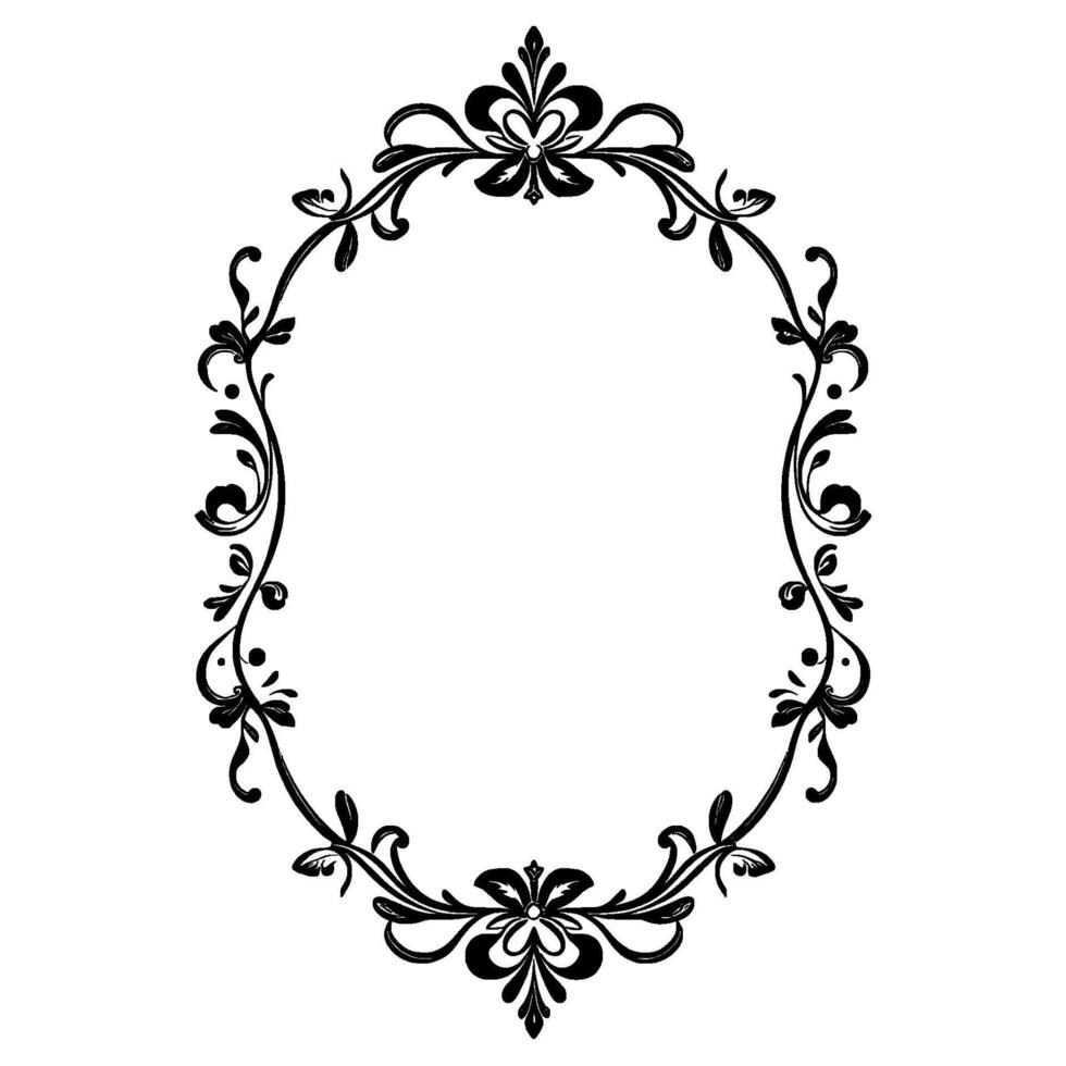 intricate oval floral frame in black and white, featuring detailed vines and decorative elements vector