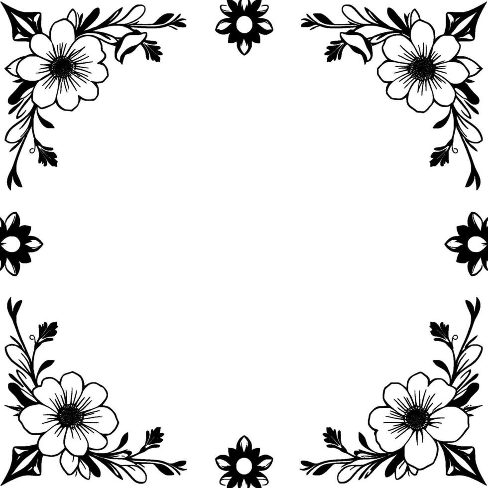 elegant black and white floral frame border with symmetrical large flowers at each corner and smaller stylized flowers. vector