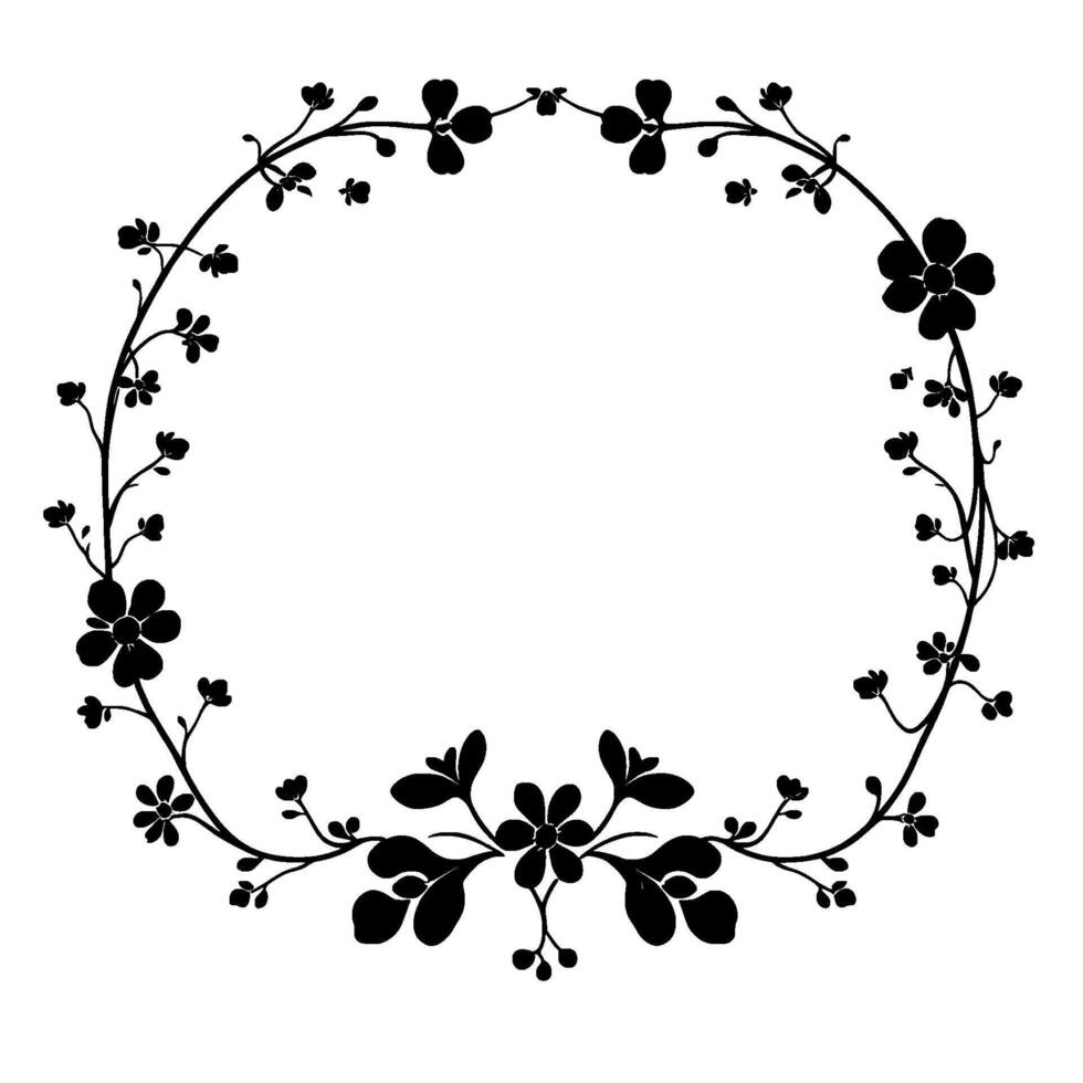 elegant black and white floral wreath with delicate blossoms and botanical elements in a circular arrangement. vector