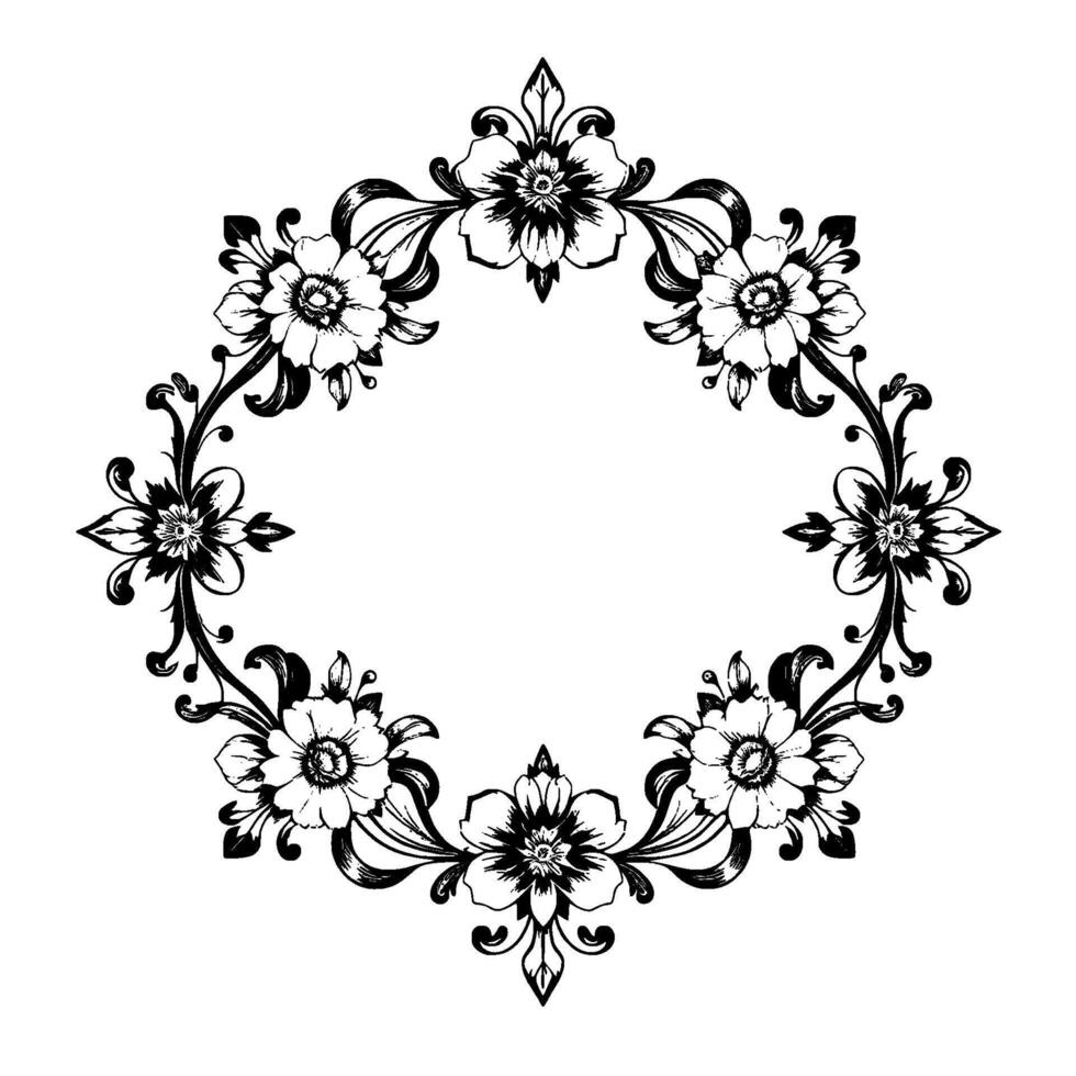 elegant, blackandwhite floral frame with intricate details, decorative vines, and a blank center, isolated on white. vector