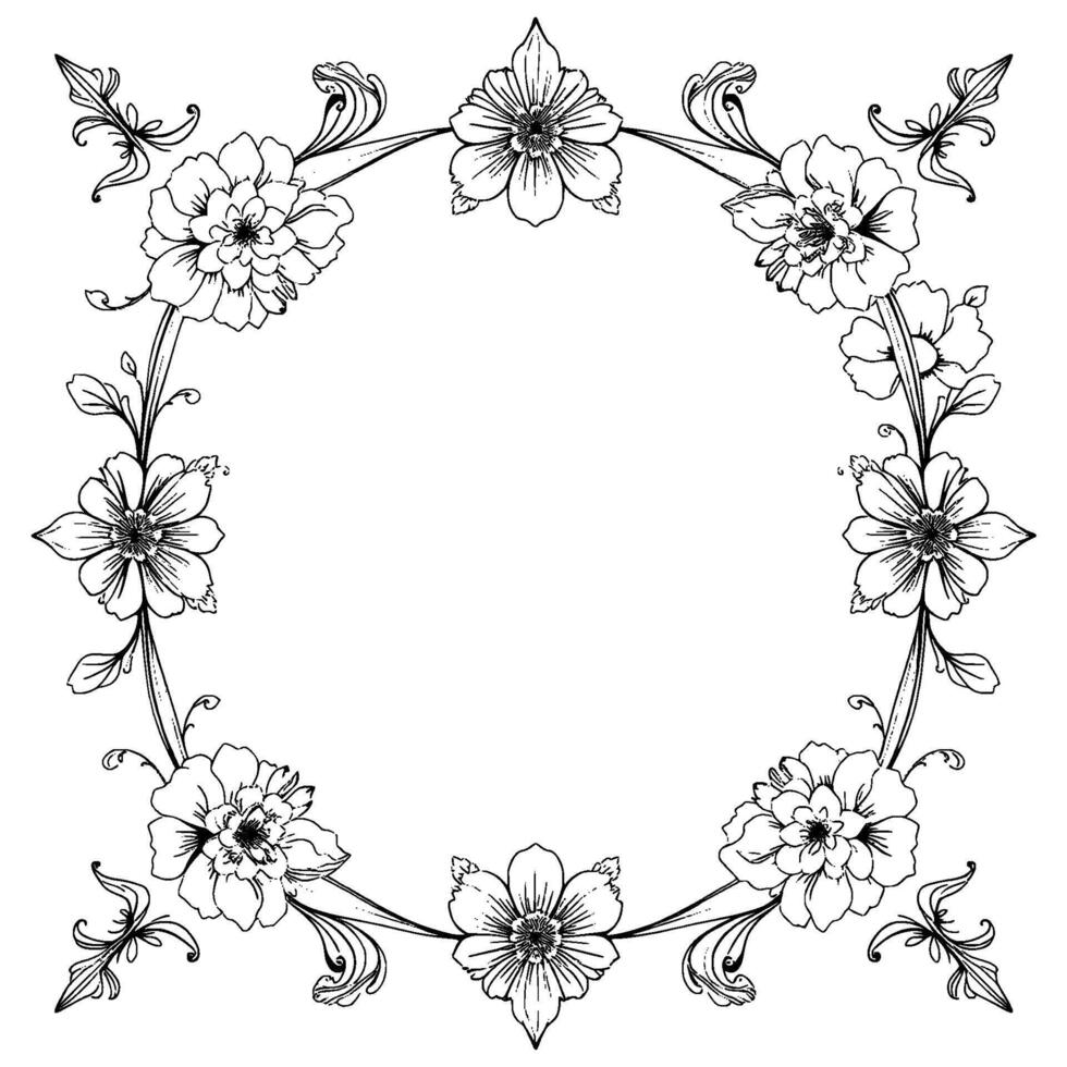 elegant black and white floral wreath illustration featuring detailed flower drawings, leaves, and decorative swirls. vector