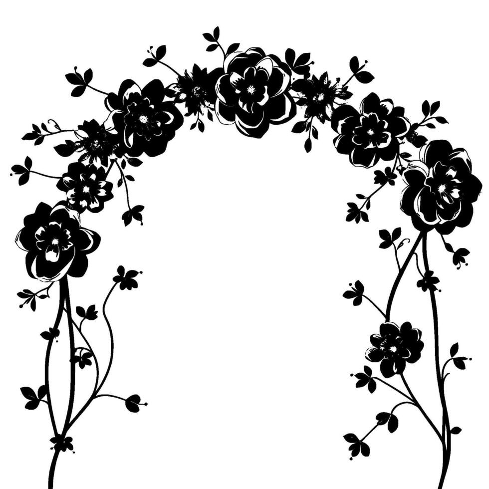 elegant black and white floral archway illustration with delicate details and a graceful, curved composition on a clean white background. vector