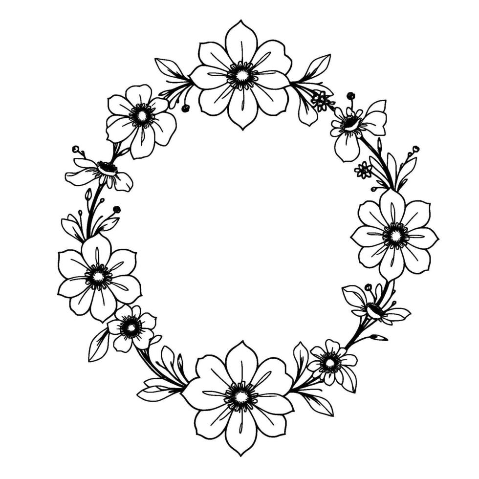 handdrawn floral wreath outline in black, featuring diverse flowers and foliage arranged in a circular, elegant . vector