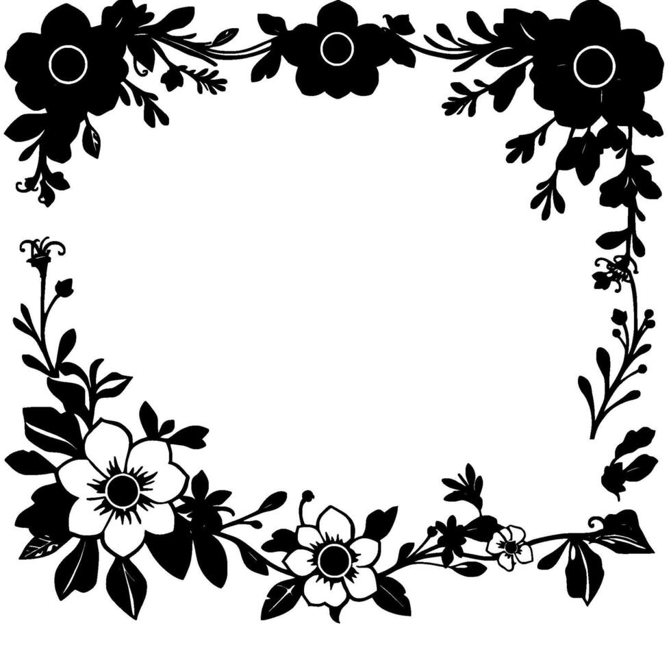 elegant black and white floral frame with diverse flower arrangements, leaves, and a classic, symmetrical border. vector