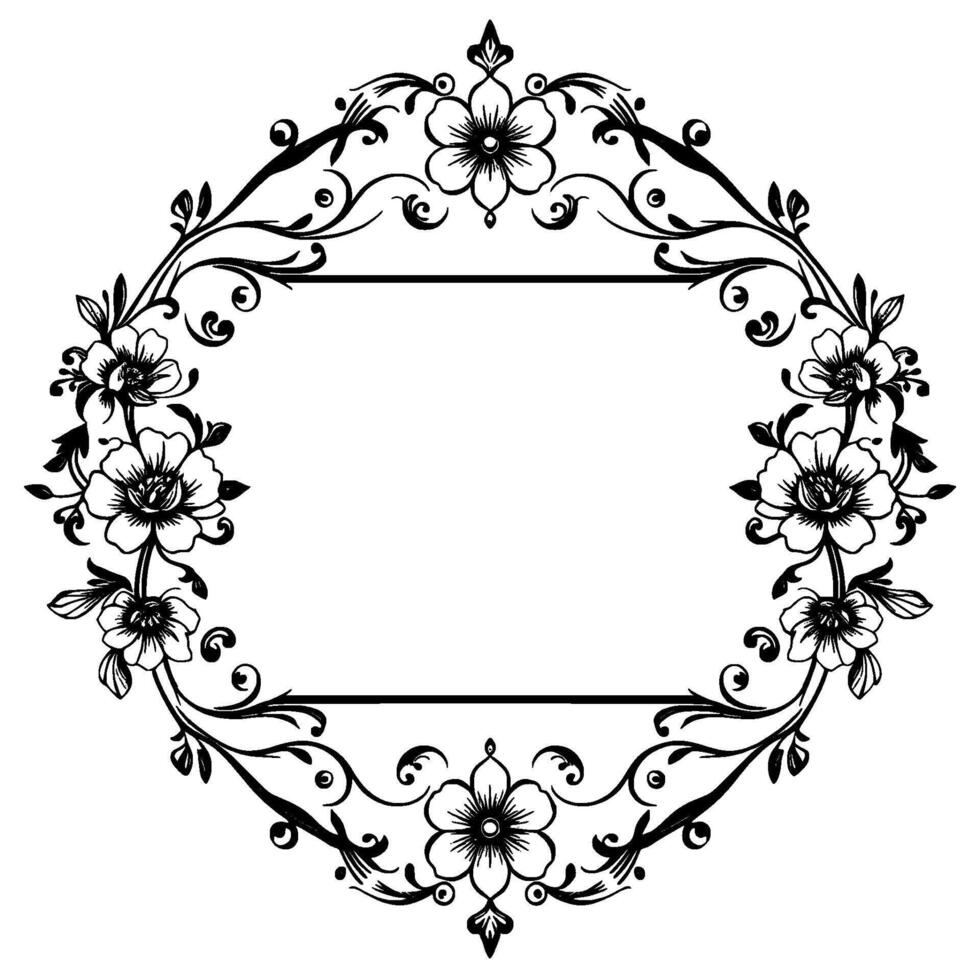 elegant black and white floral frame with stylized flowers, leaves, and decorative flourishes surrounding a central rectangular space. vector