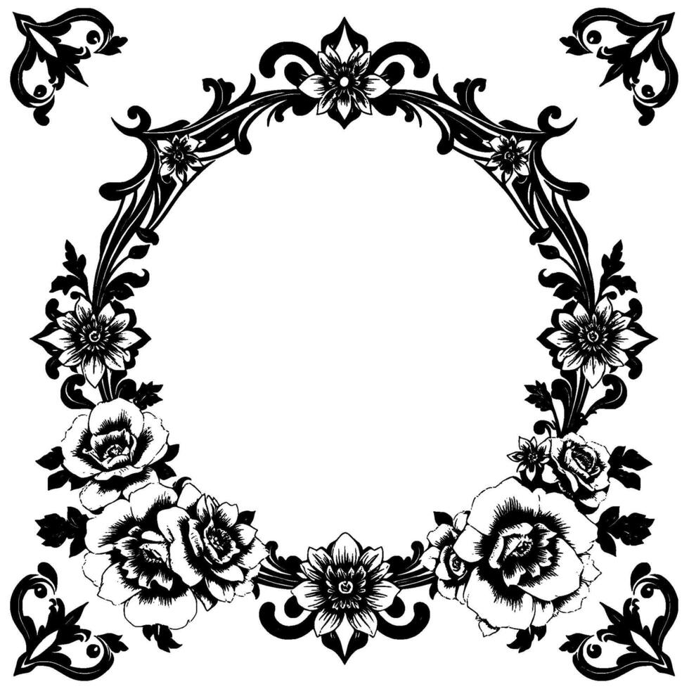 ornate black and white floral wreath with detailed roses, centered, framed by decorative flourishes on a blank canvas background, vintage style. vector