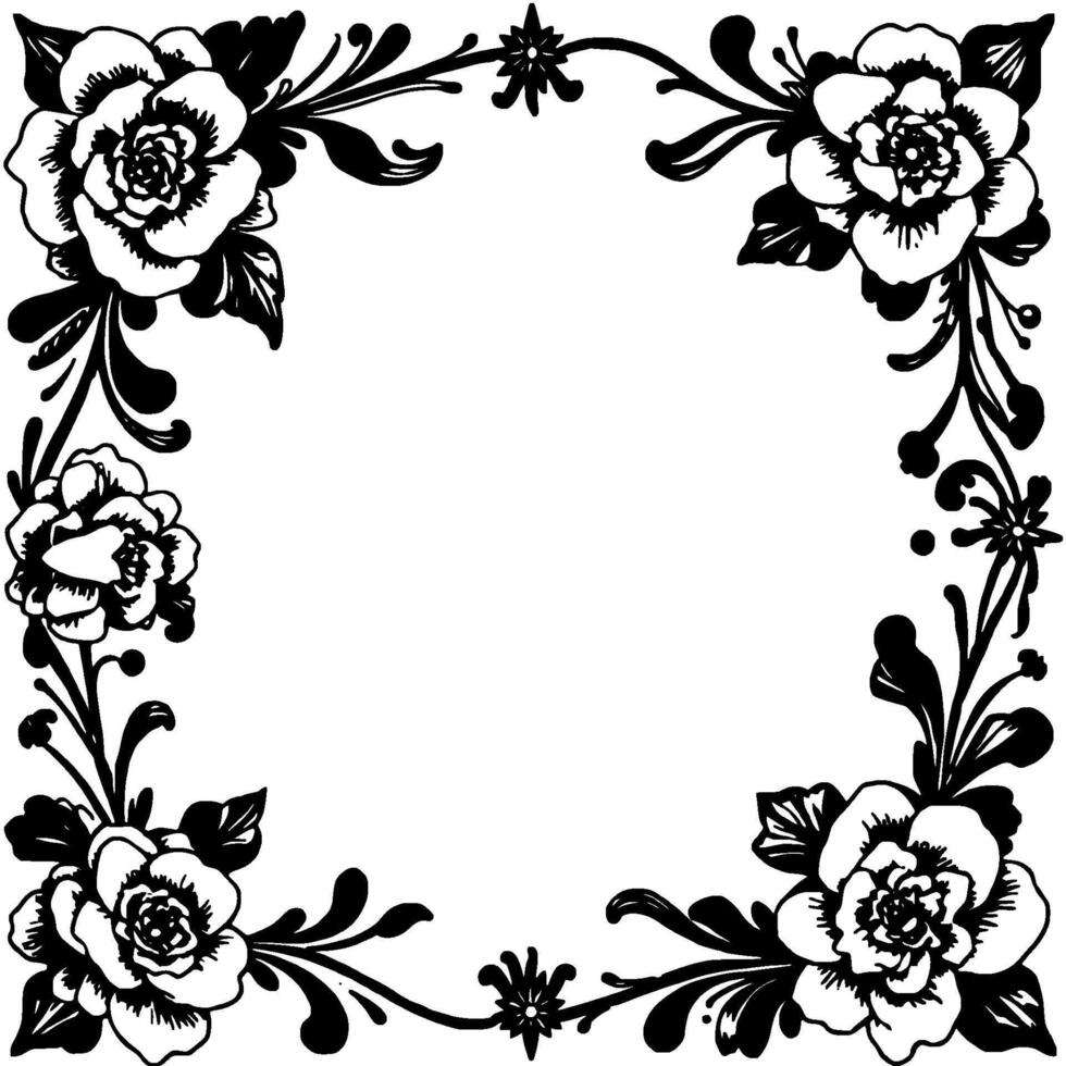 ornate black and white floral frame elegant, symmetrical featuring detailed rose illustrations, leaves, and decorative elements. vector