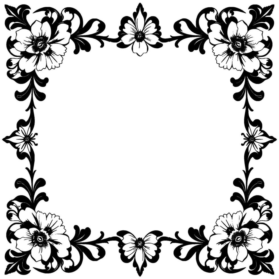 intricate black and white floral frame with elegant corner designs and delicate leafy accents, creating a classic border for decoration. vector