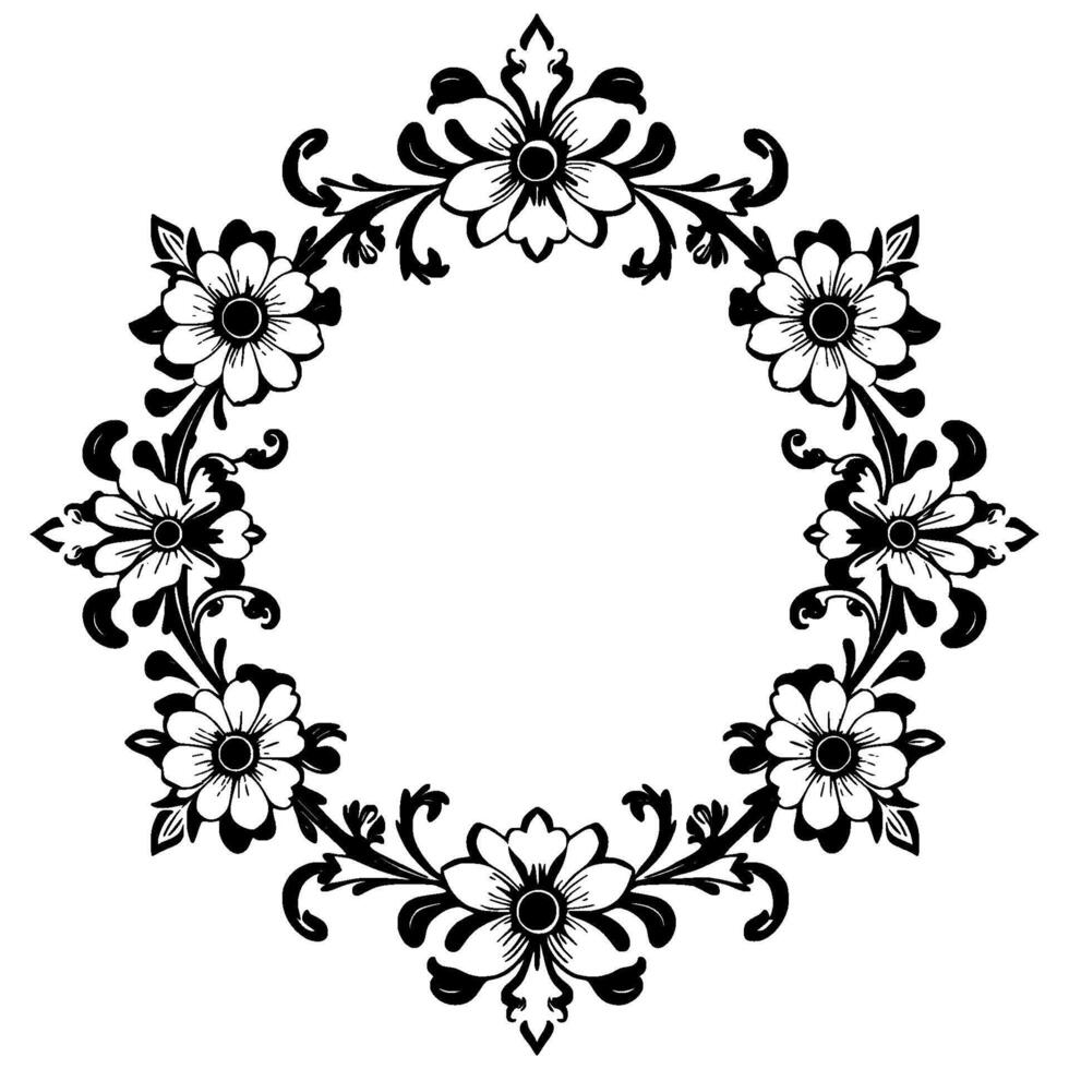 symmetrical black and white floral wreath with intricate petals and leaves, creating a circular frame, isolated on white. vector