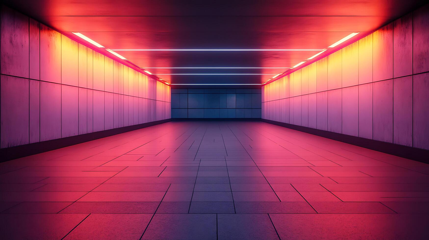 A long, empty, brightly lit tunnel with red and blue lights photo