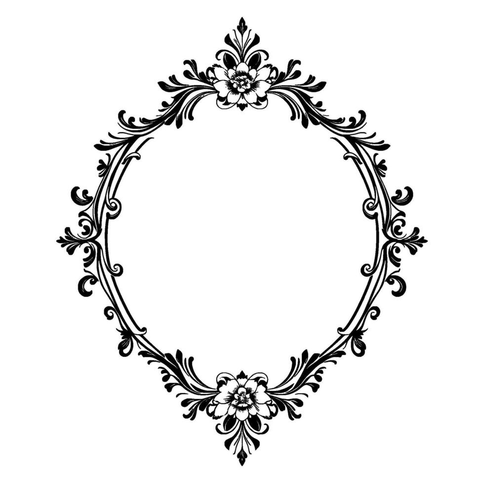 elegant oval floral frame in black and white with intricate flourishes, symmetrical and delicate details. vector