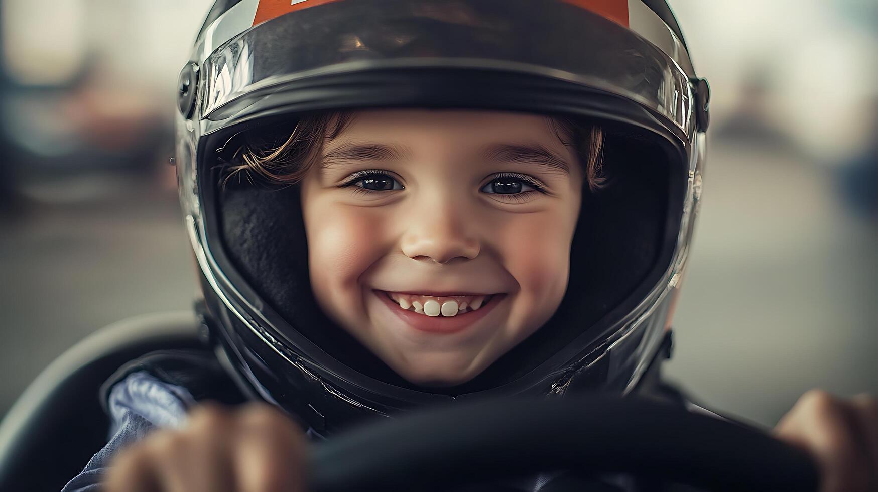 Joyful young racer in helmet eyes sparkling with excitement ready to zoom around the track and enjoy an adrenaline-fueled adventure photo