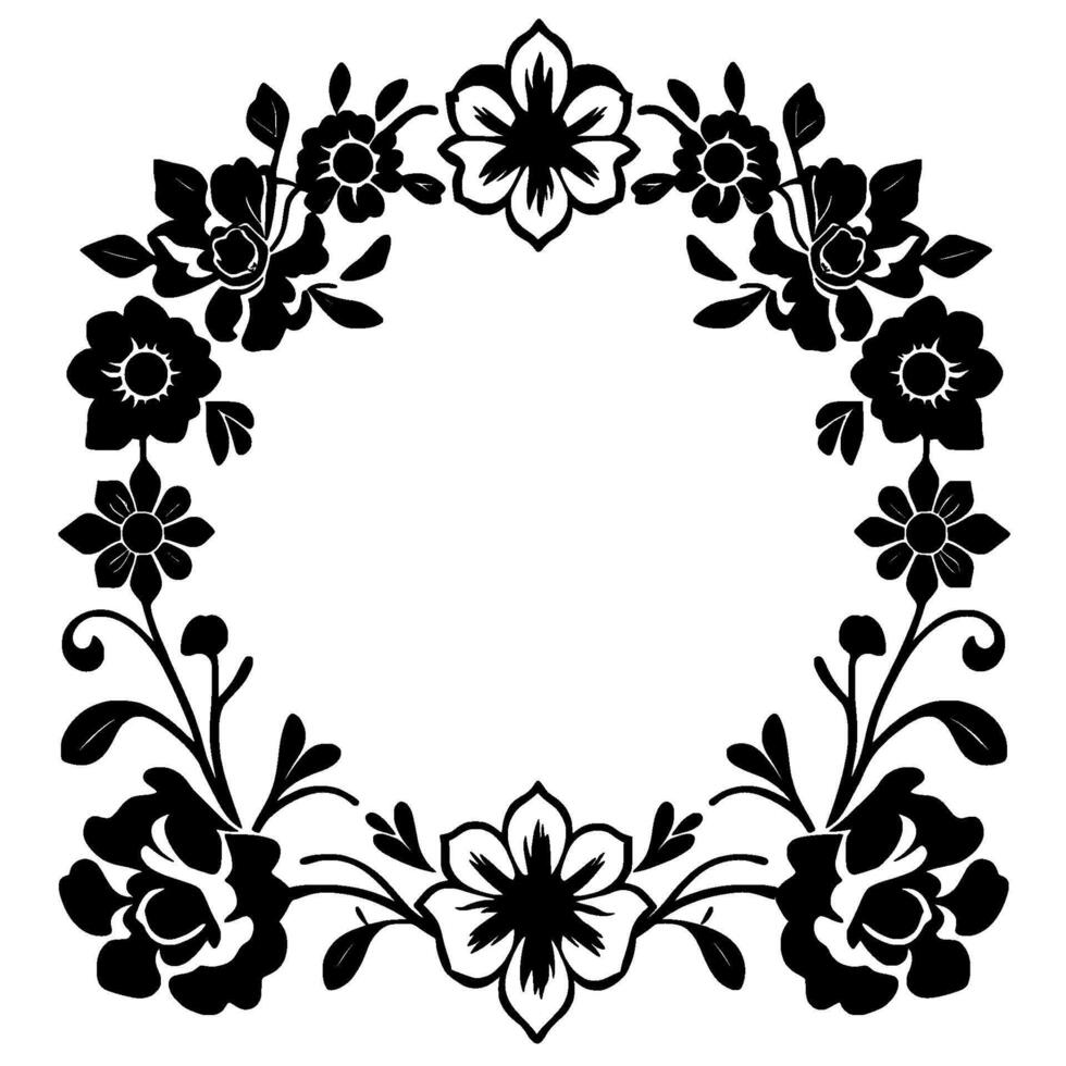 black and white symmetrical floral wreath illustration with a range of flower types, leaves, and intricate stem details, framing white space. vector