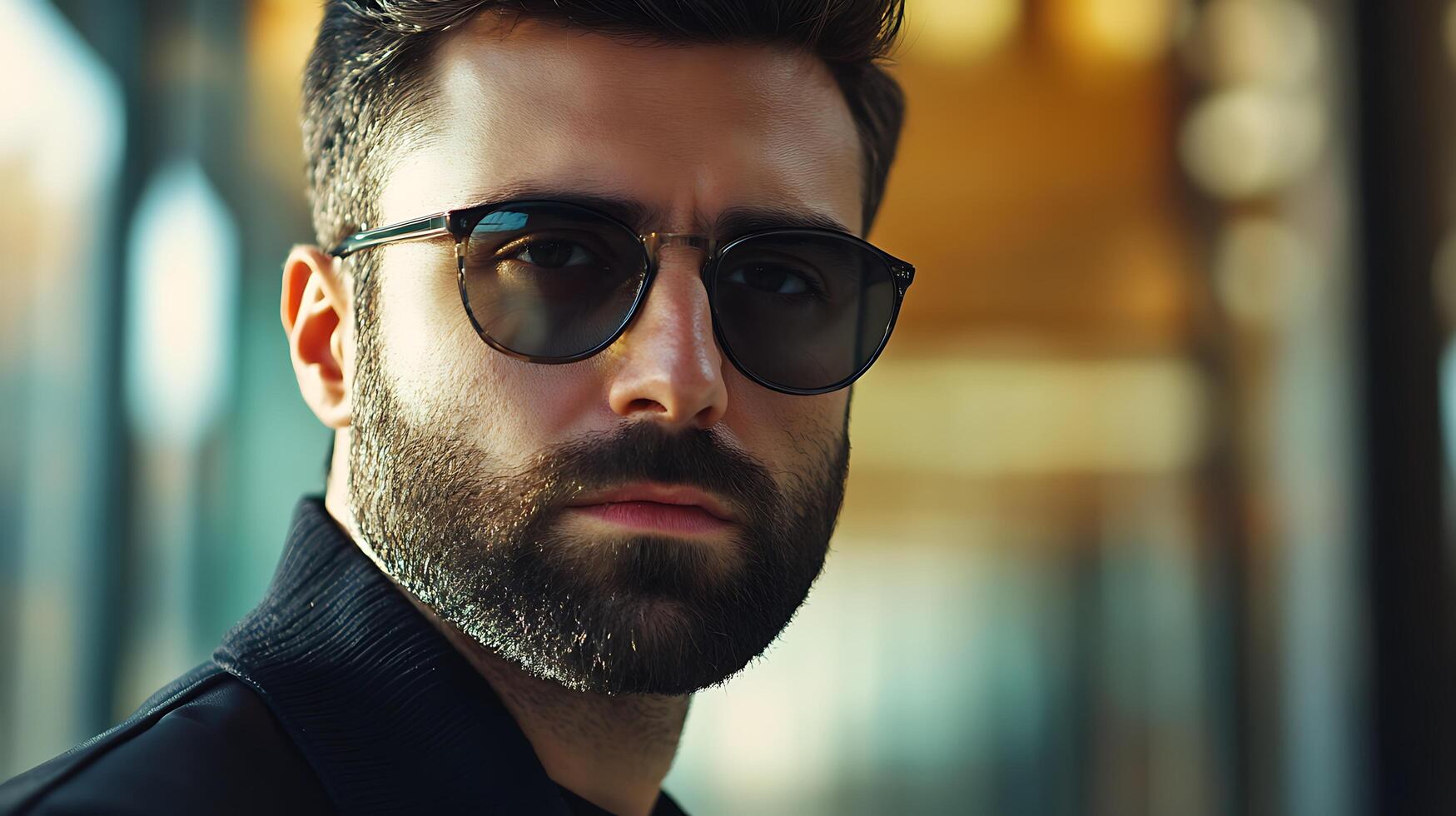 Stylish man with sunglasses gazes confidently showcasing a modern and sophisticated look against a blurred warm backdrop photo