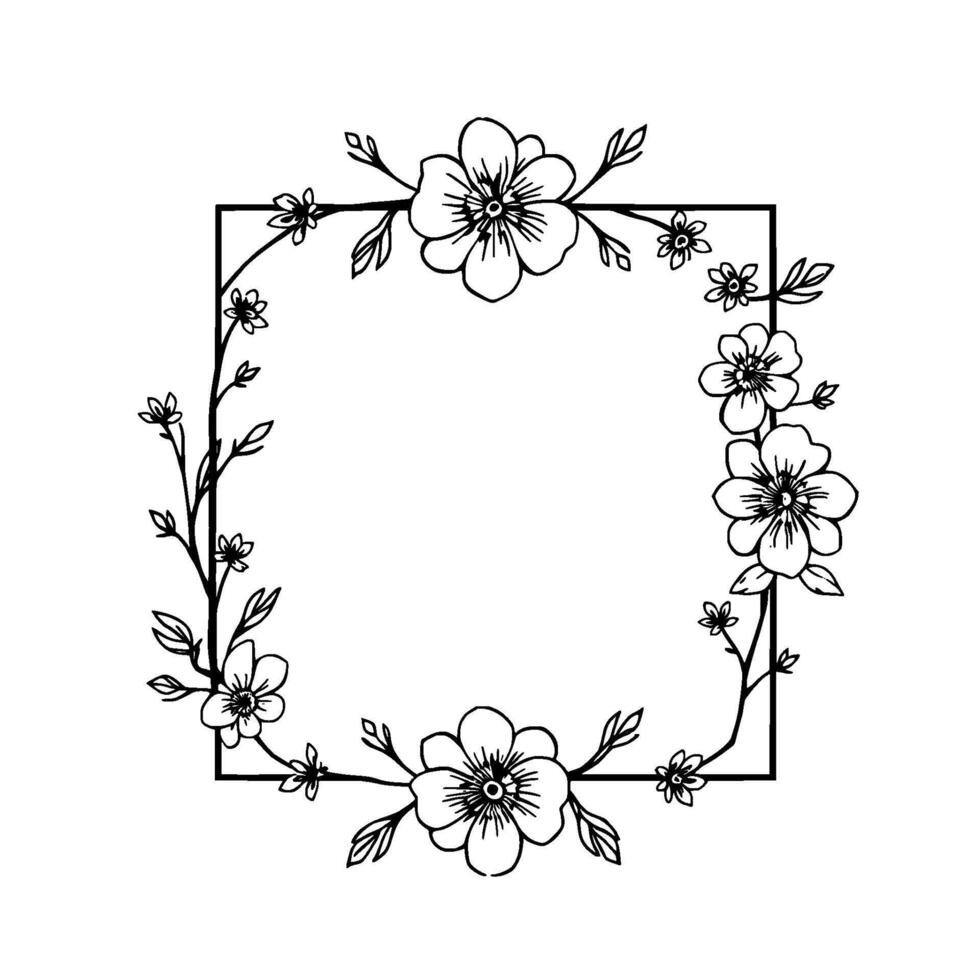 elegant black line art floral frame with square border and detailed flower leaf arrangements on white background. vector
