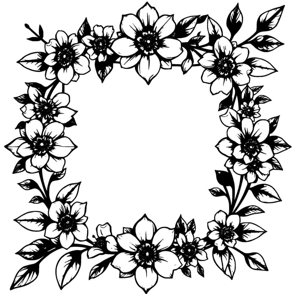 elegant black and white floral frame detailed botanical illustration of blooming flowers and leaves forming a square border. vector