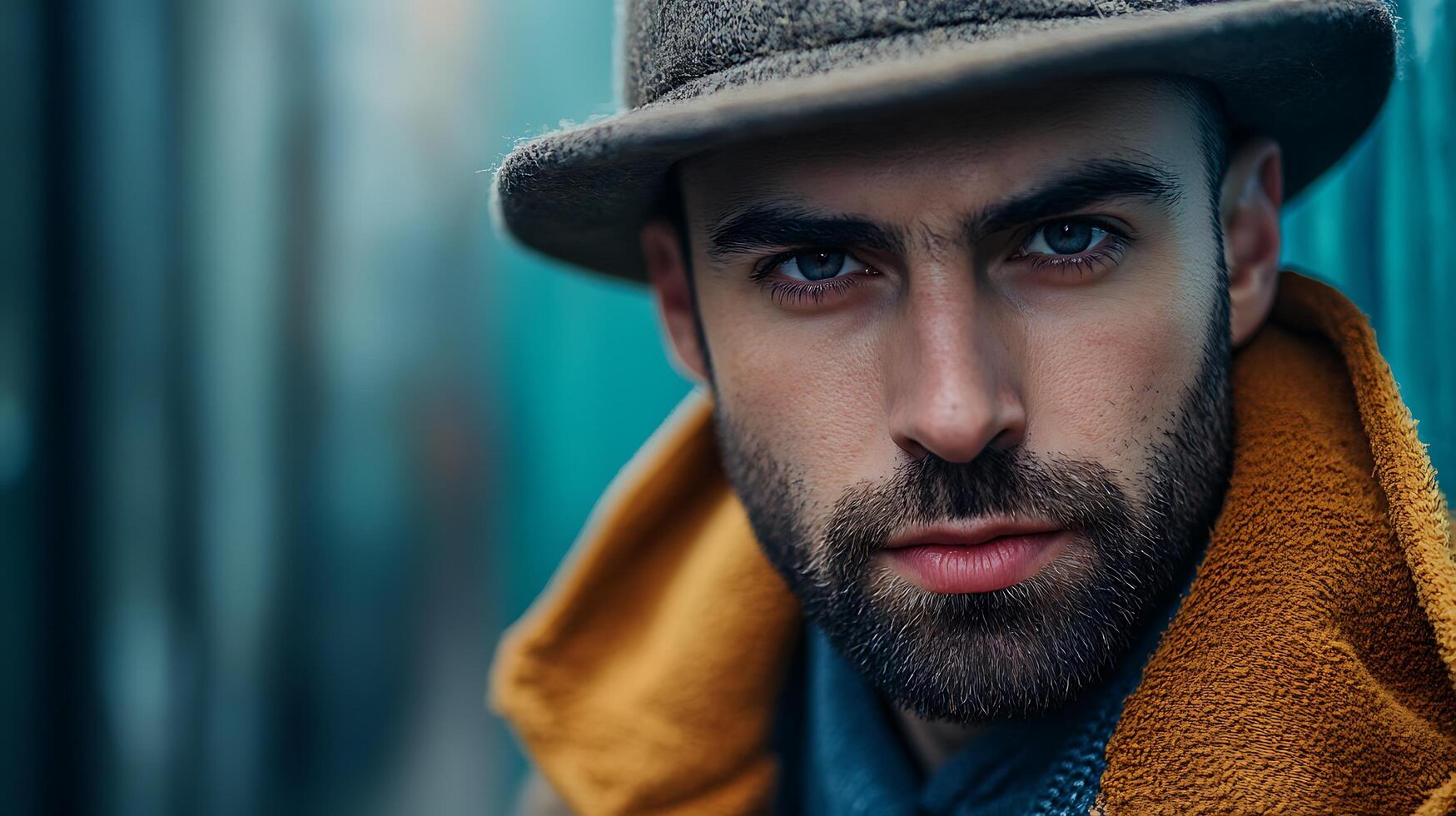 Portrait of a serious man in hat and coat against a blurry blue background gazing intently at the viewer with a contemplative expression photo