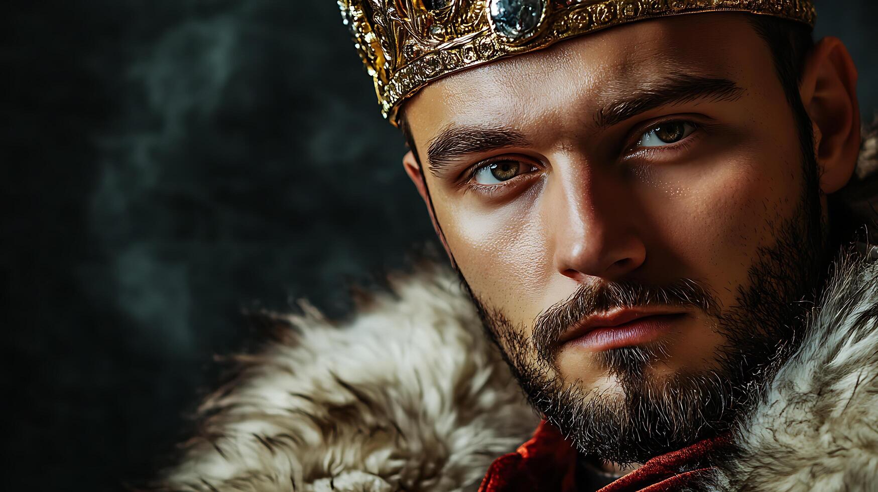 Portrait of a king illuminated by strategic lighting gold crown adorns his head exuding regal power and solemnity He has fur collar photo