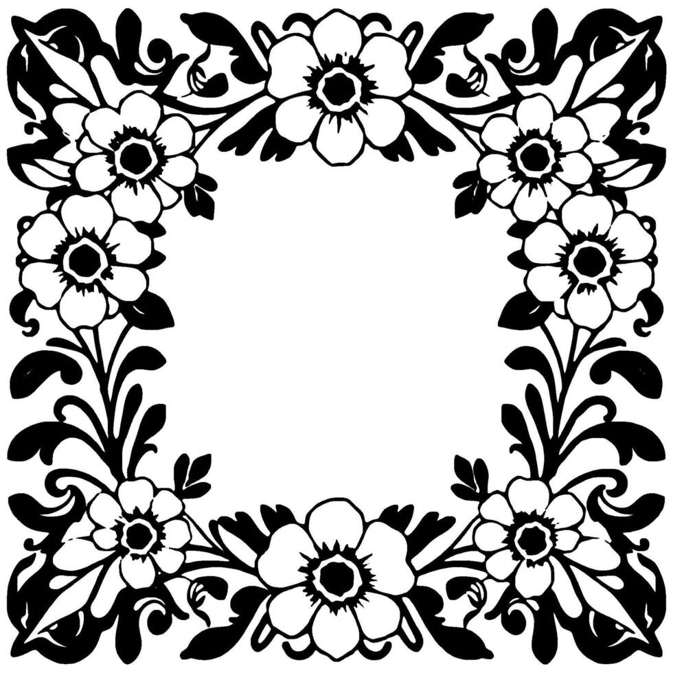 symmetrical floral border black and white floral frame with detailed petals, leaves and swirls, centered on white space. vector