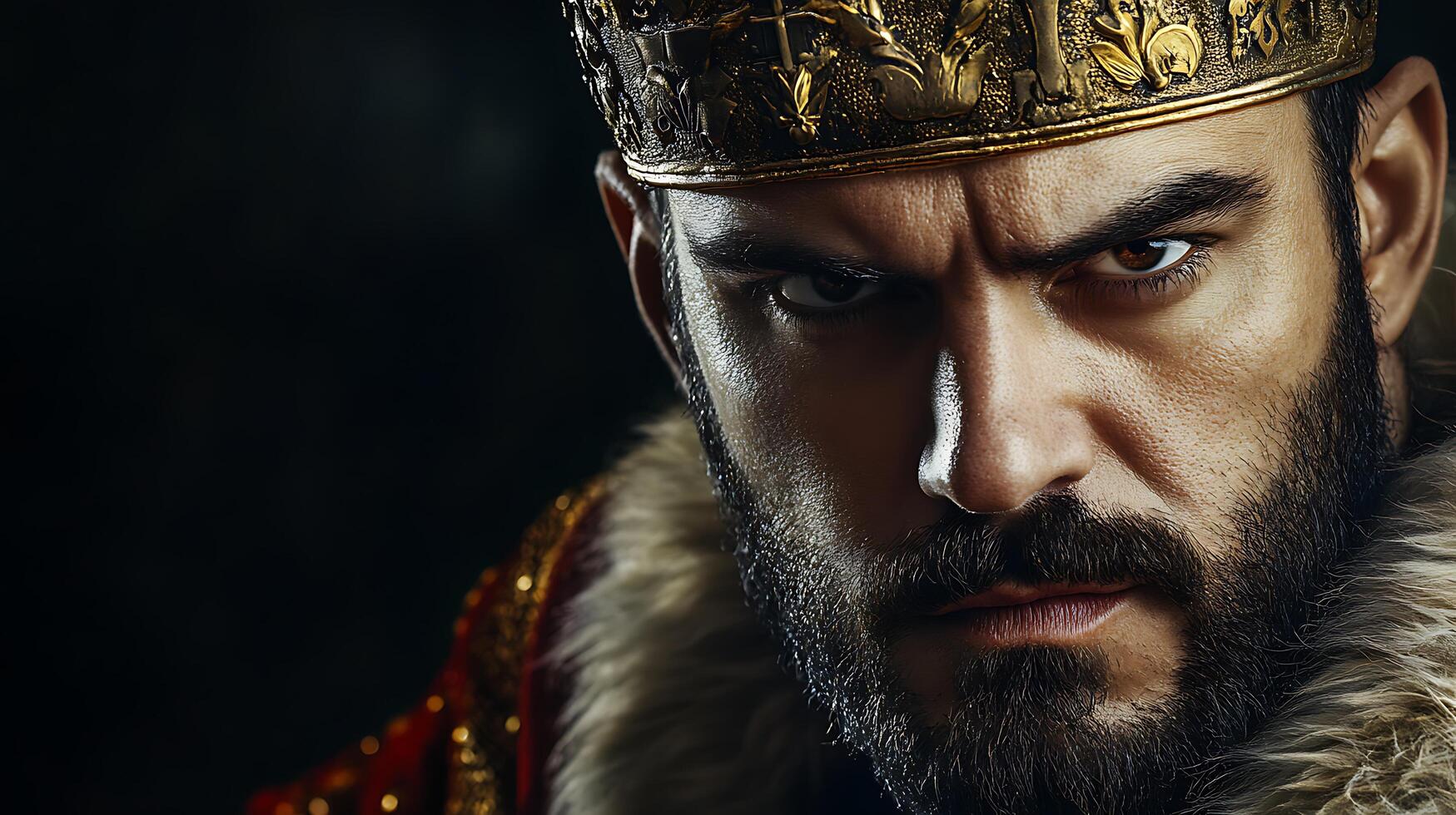 Stern monarch with an ornate crown and a fur-lined robe exudes power and authority in a dimly lit portrait radiating regality and dominance photo