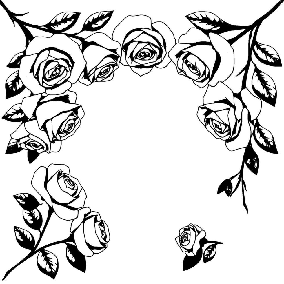 elegant black and white rose illustration a floral arch with lush blossoms and detailed leaves, surrounded by negative space. vector