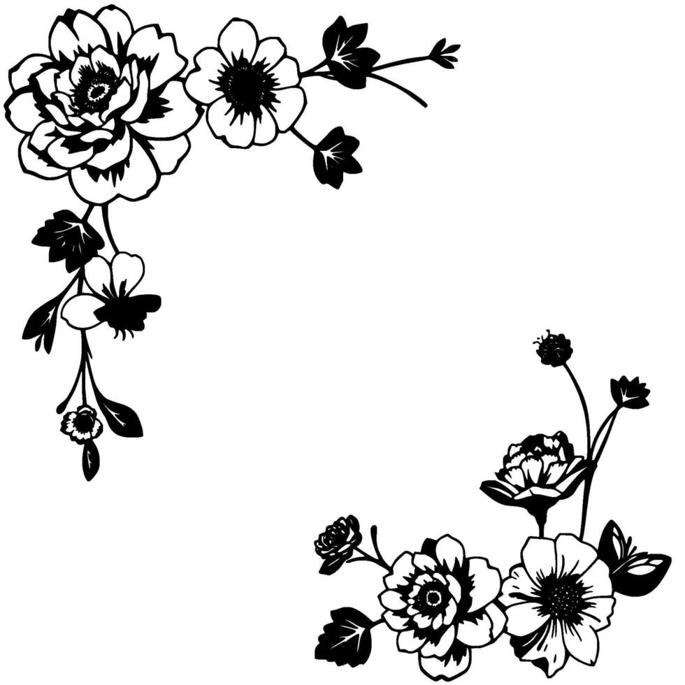 elegant black and white floral border , featuring detailed flower arrangements with leaves, arranged in corner compositions, on a clean white background. vector