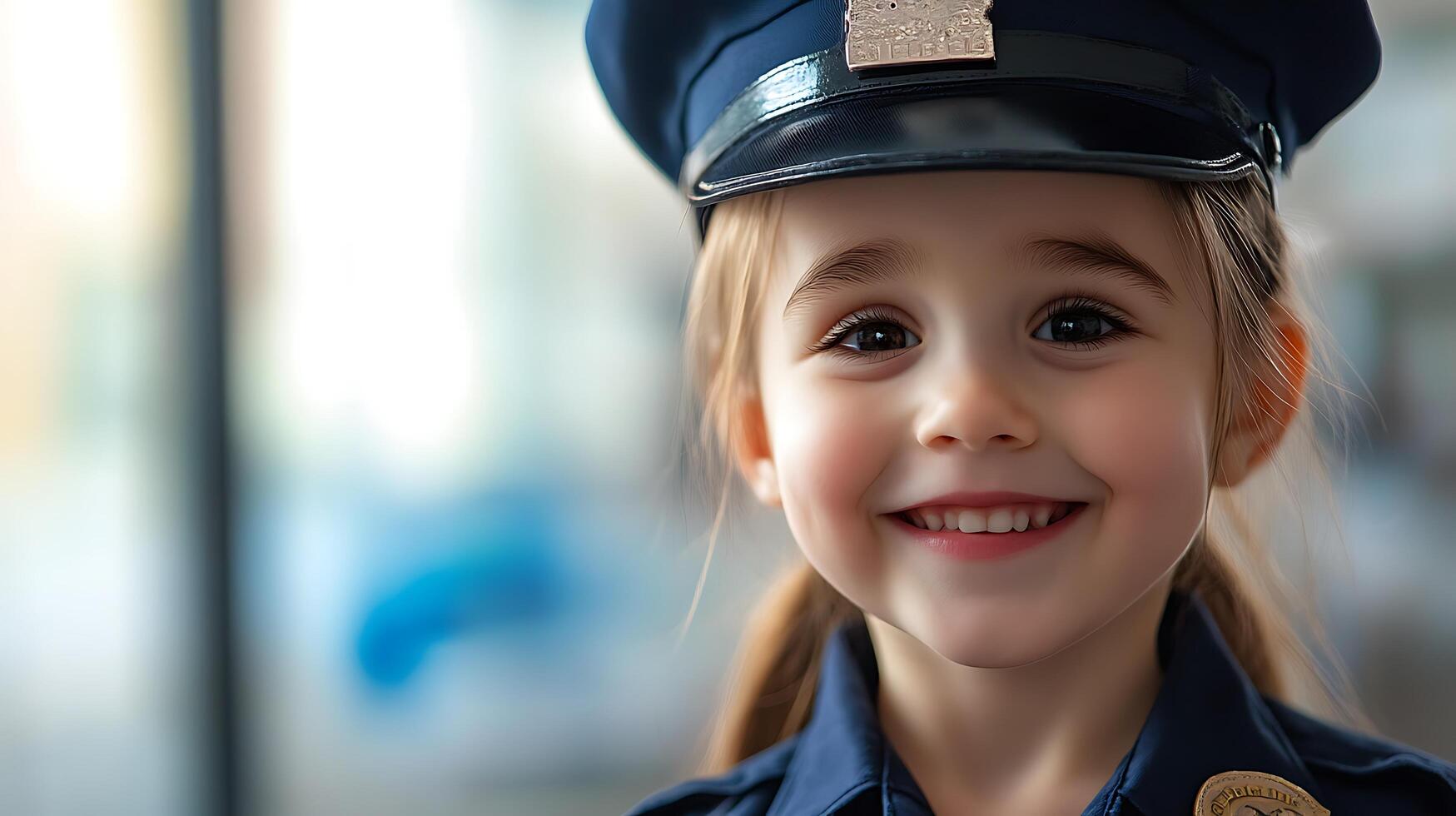 Child in Uniform Smiling young girl wearing a police officer's uniform and hat with a badge looking directly at the camera with a happy smile photo