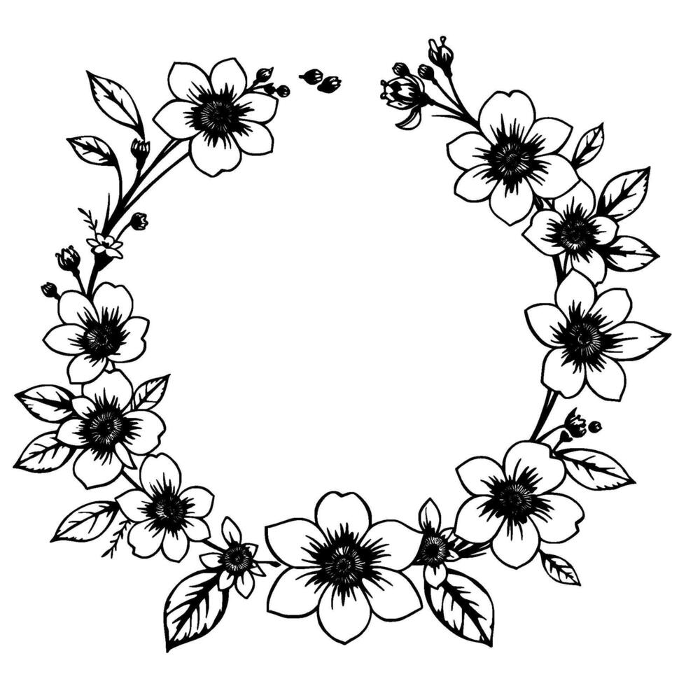 handdrawn floral wreath, featuring a variety of stylized blossoms, leaves, and buds arranged in a circular pattern with detailed linework, showcasing a minimalistic aesthetic. vector