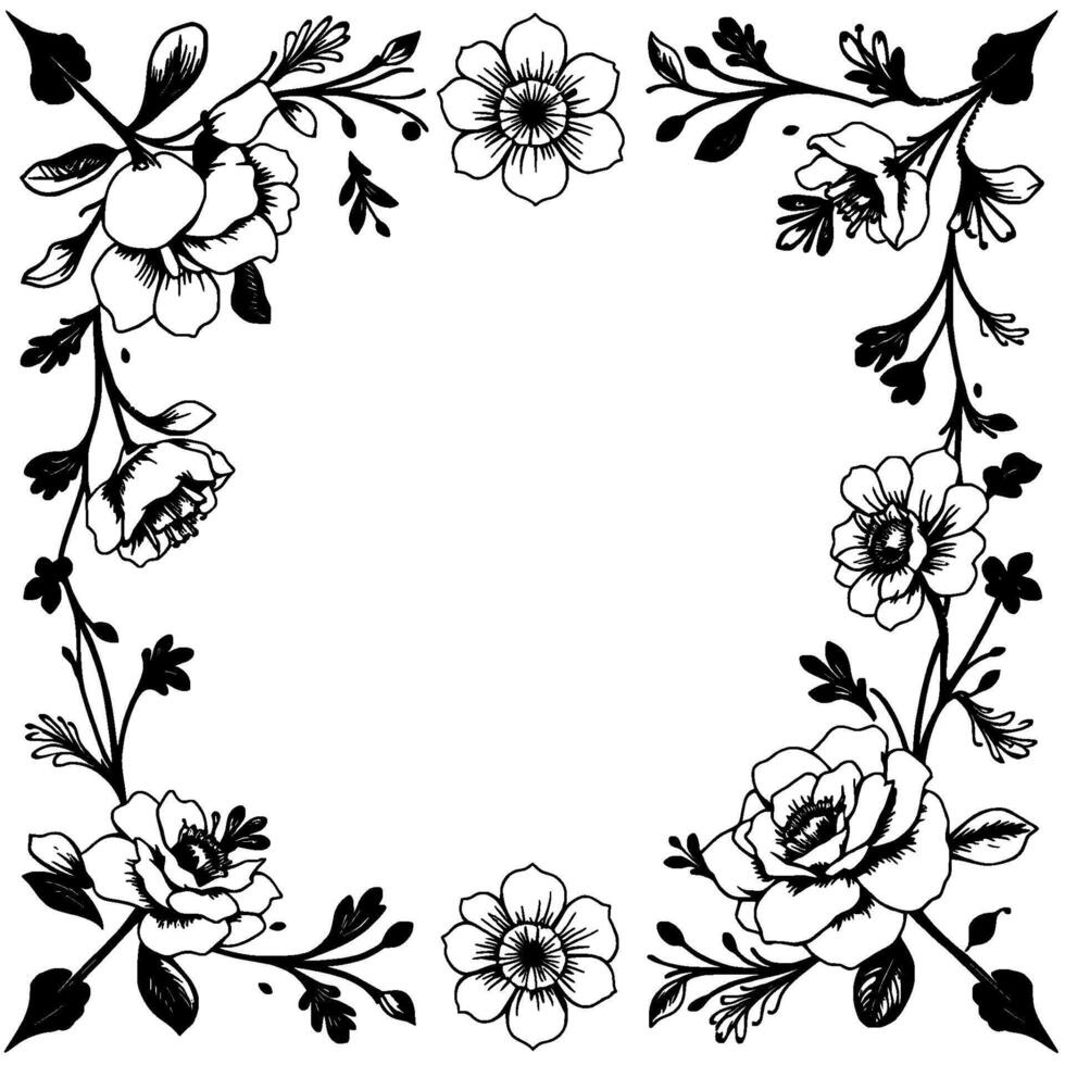 floral border composition elegant black and white line art of blossoms, leaves, and branches forming a decorative frame on white. vector