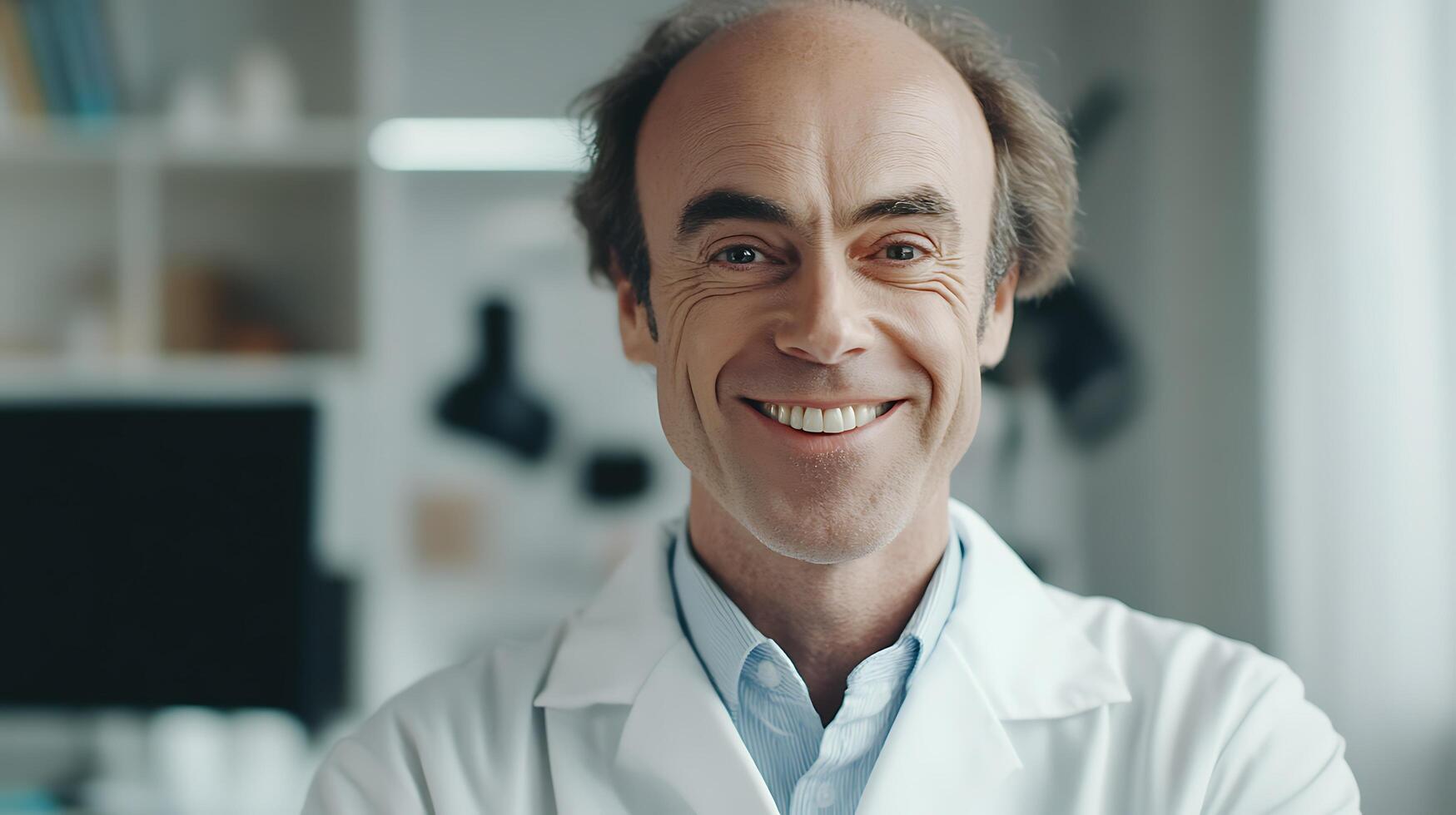Portrait of a smiling scientist wearing a white lab coat in a medical facility showcasing confidence and expertise in his field photo