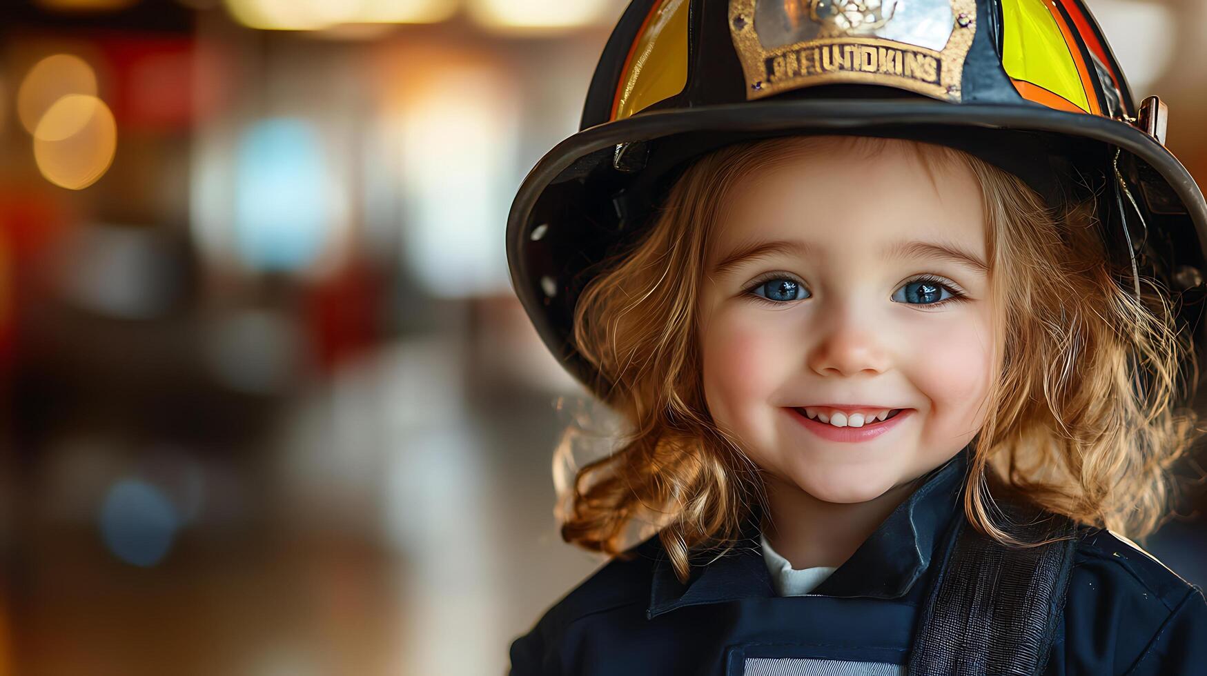 Adorable child smiles dressed as firefighter with helmet Dream job future ambitions and safety awareness begin at a young age photo