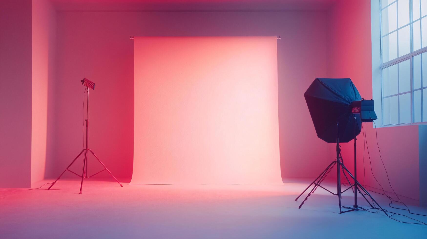 A studio with a pink wall and a black umbrella photo