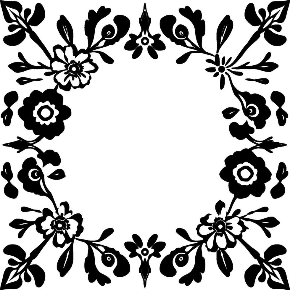 intricate floral border in striking black and white, symmetrical with stylized blooms, leaves, and decorative elements around a white center. vector